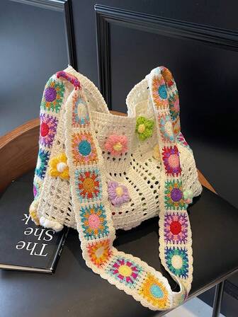 Bolso bandolera casual con contraste de color y diseño floral calado en estilo retro (La posición de los colores de las flores es aleatoria)(El color/patrón de la correa del hombro es aleatorio)