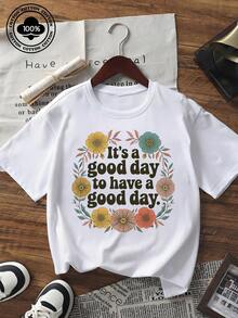 Valentine's Day Themed Women's Short Sleeve T-Shirt With "It's A Good Day To Have A Good Day" Floral Graphic Print, Loose Fit Round Neck Casual Top, Soft Cotton Blend Tee For Daily Wear, Dating, Street Fashion - trắng - Xem 6