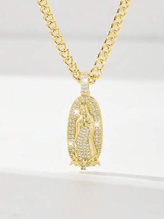 1pc Classic European & American Style Copper Inlaid Zirconia Guadalupe Virgin Mary Pendant Necklace, Limited Edition, Suitable As Gift For Christmas, Thanksgiving, Halloween, Mother's Day, Valentine's Day, Friends, Godparents, First Holy Communion, Daily Wear And Prayer