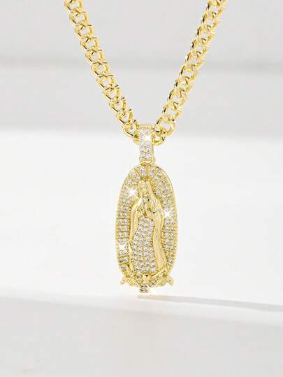 1pc Classic European & American Style Copper Inlaid Zirconia Guadalupe Virgin Mary Pendant Necklace, Limited Edition, Suitable As Gift For Christmas, Thanksgiving, Halloween, Mother's Day, Valentine's Day, Friends, Godparents, First Holy Communion, Daily Wear And Prayer