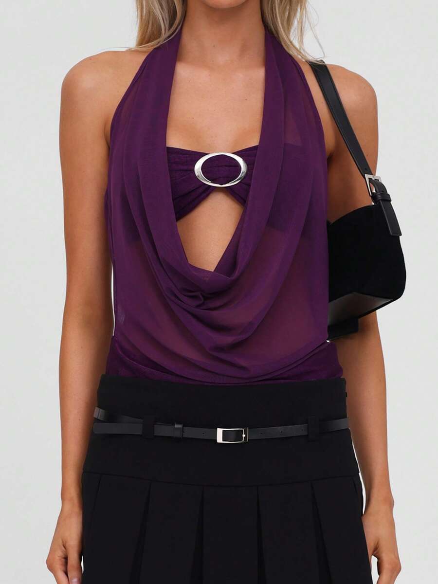 Women 2-Piece Set, Sleeveless Backless Halterneck Sheer Top With Bra For Club Party - Purple - View 1