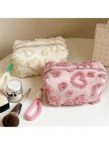 1pc Fluffy Heart-Shaped Cosmetic Bag - Zippered Closure, Fashionable Makeup Organizer, Fits Cosmetics, Makeup Brushes,Portable Makeup Organizer Pouches, Makeup Travel Bag - Multicolor - View 5