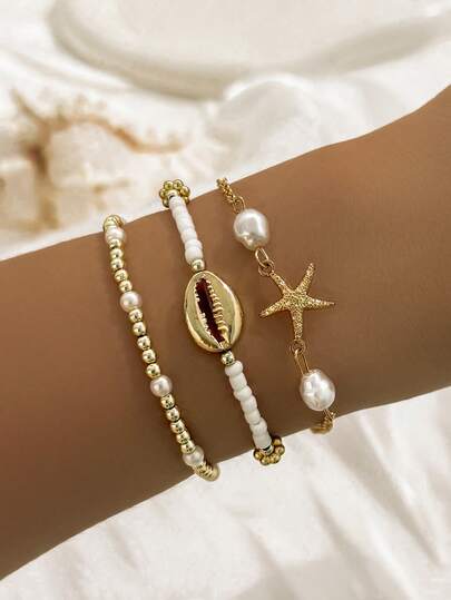 3pcs/Set Bohemian Style Starfish & Shell Bracelet Set, Women's Gold & White Beaded Bracelets, Summer Beach Jewelry Gift