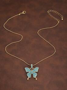 1件复古百搭优雅宫廷风田园甜美低饱和度蝴蝶吊坠项链 - 淺藍色 - 查看 5