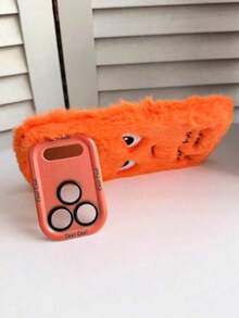 2025新款毛绒卡通趣味橙色表情手机壳带支架，兼容 17 Pro Max/16 Pro Max/15 Pro Max/14/13/12，时尚防震软TPU保护套 - 橘色 - 查看 2