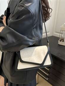 This Fashionable Color-Block Leopard Print Flap Zipper Shoulder Bag Features A Retro-Minimalist Design, Making It An Ideal Choice For Everyday Use. - Black and White - View 2