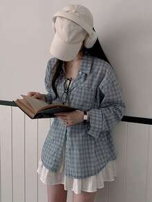 女士宽松休闲百搭长袖格子 Polo 衫 - 藍色 - 查看 3