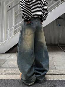 1pc Men's Japanese Style Ripped Patchwork Wide Leg Jeans, Vintage Distressed Casual Loose Fit Denim Pants (Belt And Accessories Not Included) - Dusty Blue - View 8