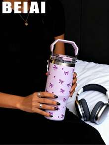 1pc 900ml Cute Bow Pattern Double Wall Stainless Steel Insulated Tumbler, Flat Bottom Cup, Coffee Cup, Car Cup, Cup, Water Bottle, Outdoor Water Bottle, Tea Cup, Vacuum Bottle, With Drinking Spout And Straw Design, Suitable For Outdoor, Office, Home, School, Car, Gym, Travel, Birthday Gift, Holiday Gift, Mother's Day Gift, Father's Day Gift, Back To School, Valentine's Day Gift - Multicolor - View 10