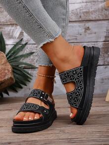 1 par de sandalias abiertas de mujer con suela gruesa brillante, hebilla de metal texturizada con rhinestones, cómodas y versátiles, adecuadas para el verano - Negro - Ver 5