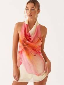 Women Halter Mini Dress Ruched High Neck Sleeveless Backless Flower Print A-Line Party Dress Vacation Beach Short Dress - 粉色 - 查看 3