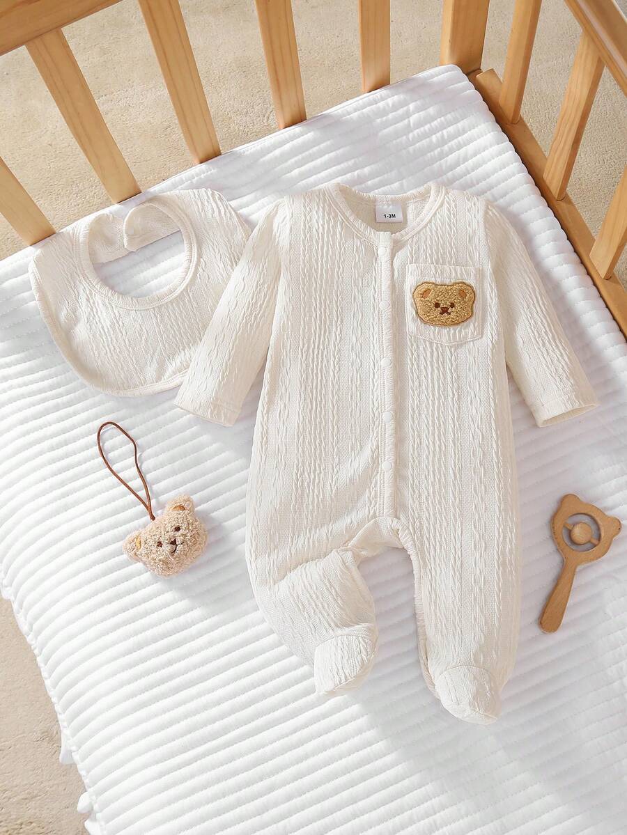 1件可爱小熊连体衣，带口袋和围兜 - 杏色 - 查看 1