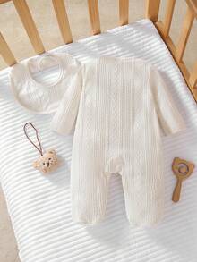 1件可爱小熊连体衣，带口袋和围兜 - 杏色 - 查看 2