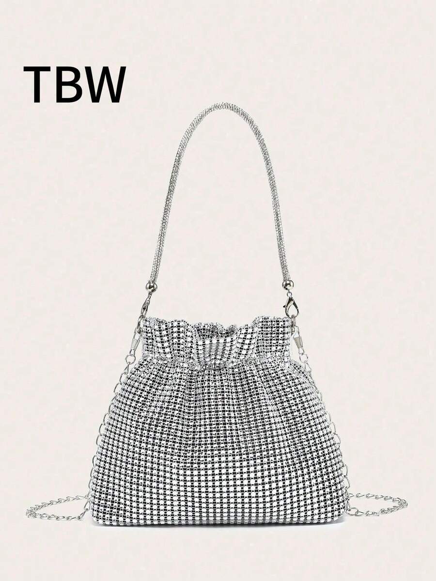 1件装女士优雅褶皱水钻方形手拿包，百搭简约设计，适合晚间外出 - 銀色 - 查看 1