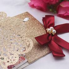 invitaciones de corte lser con purpurina dorada con tarjetas y sobres RSVP de lujo diseo de diamante y cinta con inserto de papel perla de 250 g m2 para boda, compromiso, cumpleaos - 25 piezas DoradoGlitterGo - Ver 8