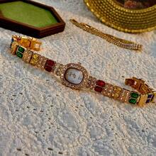 1pc New Luxury Colorful Gemstone & Crystal Inlaid Vintage Elegant Fashion Women's Watch, Oval Faux Pearl Dial, 30M Water Resistant, Suitable For Daily Wear, Parties, Vacations And Outings - Gold - View 9