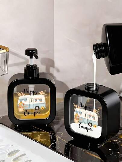 Retro Camper Van & Classic RV Design Happy Camper Hand Soap Dispenser Bottle, With Blue-Green Bubbles, Pink Flowers, And "Happy Camper" Label, Moisturizing Pump Bottle Suitable For Sink, Shower, Bathroom, Kitchen And Camping Decor