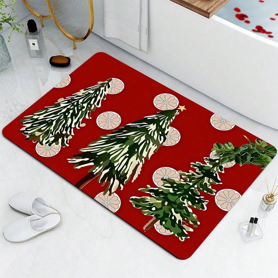 Diatomaceous Earth Bath Mat, Christmas Tree & Lemon Slices Pattern, Super Absorbent Quick - Dry Non - Slip Floor Mat For Bathroom, Kitchen, Entryway, Waterproof Easy To Clean Decorative Mat - Multicolor - View 1