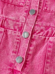 女童玫红色牛仔连体裤，时尚翻领短袖连身裤，夏季 - 玫紅色 - 查看 7