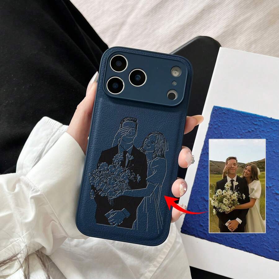 Customized Photo 3D Laser Engraved Sketch Line Art Style Phone Case, Suitable For IPhone 17/16/15/14/13/12/11 Pro Max And Plus Series, Litchi Texture, Shock-Proof And Scratch-Resistant, Camera Lens Protection, Sketch Style Design, Perfect Gift For Birthday, Anniversary, Christmas - Màu xanh lam - Xem 1
