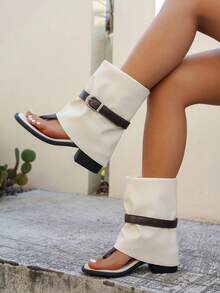 Women's Sandals 2026 New Summer Thick Heel Toe Post Sandals White Bootcut Boots Niche Roman High Heel Outdoor Riding Sandals Beach Buckle Beach - Beige - View 4