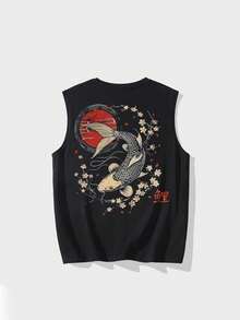 Plus Size 2 Pieces Set: Men's Japanese Koi Pattern Sleeveless Tank Top, Casual Loose Street Style T-Shirt - Black - View 4