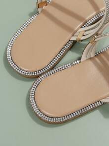 Summer New Round Toe Slip-On Strap Criss-Cross Glass Rhinestone Flat Sandals, Women Outdoor Beach Flip Flops - Apricot - View 7