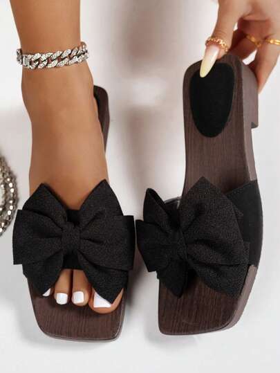 Classic Big Bow Women's Slide Sandals, Fashionable Wooden Platform Design, Comfortable Footbed, Minimalist Yet Elegant, Suitable For Summer Casual Wear, Adding Charm To Every Step, Perfectly Showcasing Feminine Charm And Personalized