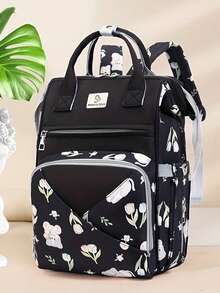 1pc Cartoon Floral Pattern Mommy Backpack, Bottle Bag, Printed Stroller Diaper Bag, Multifunctional Tote Bag, Suitable For Outings, Vacations, Shopping, Daily Commute And More - Multicolor - View 2
