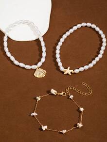 3er/Set modisches Fußkettchen mit Kunstmuschel & Seestern Perlen und Kette, Damen Urlaubs-Lässig-Mode Fußkettchen Schmuck - Stil 1 - Übersicht 4