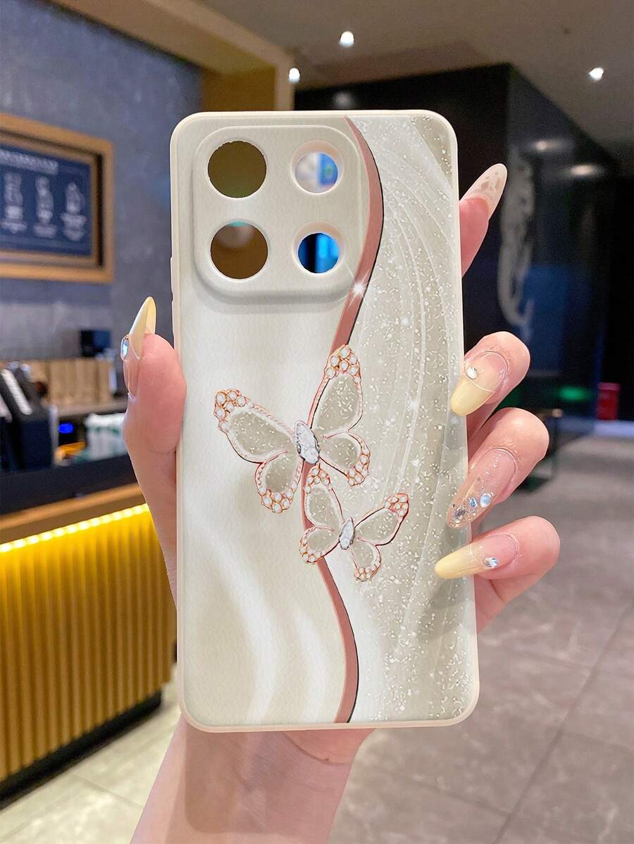 适用于安卓手机 S25 Ultra、S24 Ultra、S23 Ultra、S22 Ultra/Redmi 12、Note 13 系列的 1 件装，奢华时尚简约米色金属蝴蝶图案软硅胶防震防指纹手机壳 - 米色 - 查看 1