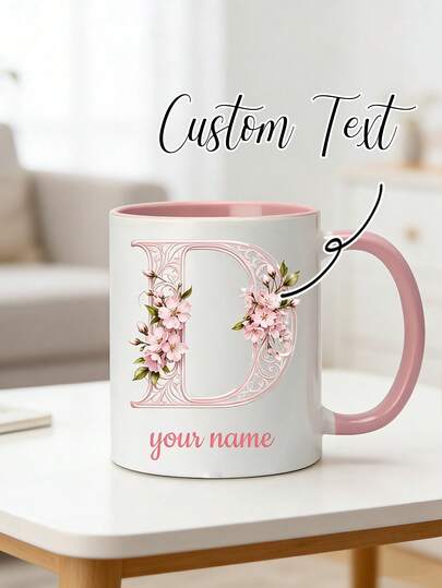 1 st personlig kaffemugg med blommiga initialer, 340 ml keramisk kopp, anpassningsbar namndesign, elegant keramisk mugg med blommigt monogram, perfekt present till mamma, mormor, syster, vän, lämplig för årsdagar, födelsedagar, fester, kafédekorationer, jul, Thanksgiving, lärardag