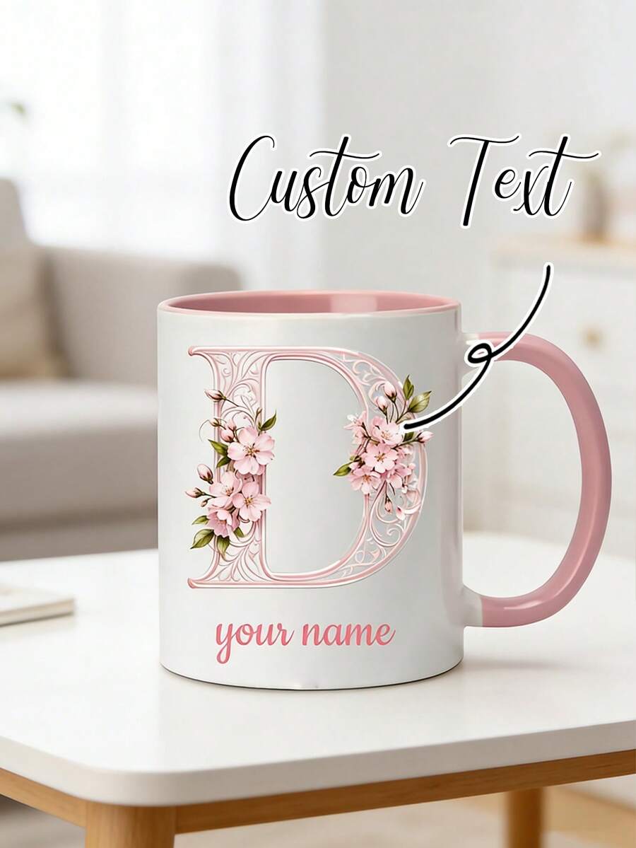 1pc Personalized Floral Initial Coffee Mug, 11oz Ceramic Cup, Customizable Name Design, Elegant Floral Monogram Ceramic Mug, Perfect Gift For Mom, Grandma, Sister, Friend, Suitable For Anniversary, Birthday, Party, Coffee Shop Decor, Christmas, Thanksgiving, Teacher's Day - Multicolor - View 1