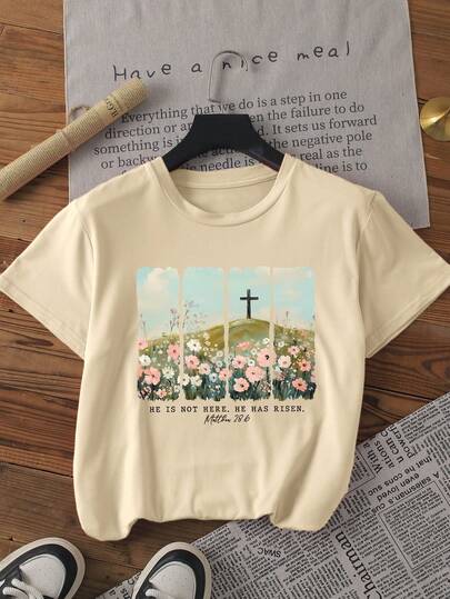 Damen Oster-Themen T-Shirt mit Illustrationen von Kreuzen, Blumen, Himmel und Buchstaben. Kurzärmeliges, rundhalsiges Design, frischer und künstlerischer Stil. Modische Frühlings- und Sommer-Damenmode, geeignet für Kirchenaktivitäten, den Alltag und andere religiöse Anlässe. Christliches Osterfest.