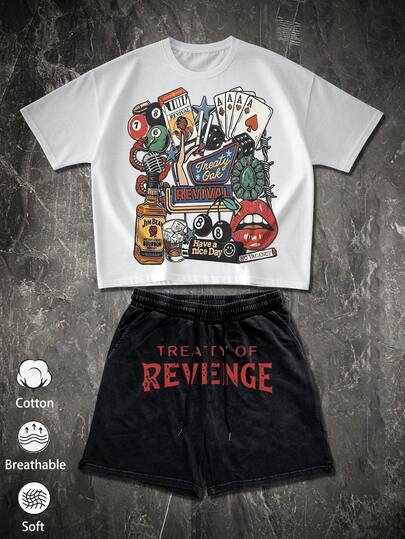 NEON DUSK 1 Set Men's Vintage Print 2-Piece: White Cotton T-Shirt + Black Shorts, Eye-Catching Party Elements Pattern, Breathable & Soft, Suitable For Casual Daily And Urban Gathering Outfits