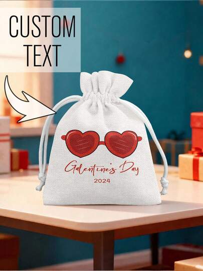 Customized Text Heart-Shaped Glasses & Candy Print Drawstring Packaging Bags, Multiple Sizes Available, Reusable, Suitable For Valentine's Day/Wedding Party Gifts, Fashion Design Gift Wrapping Bags
