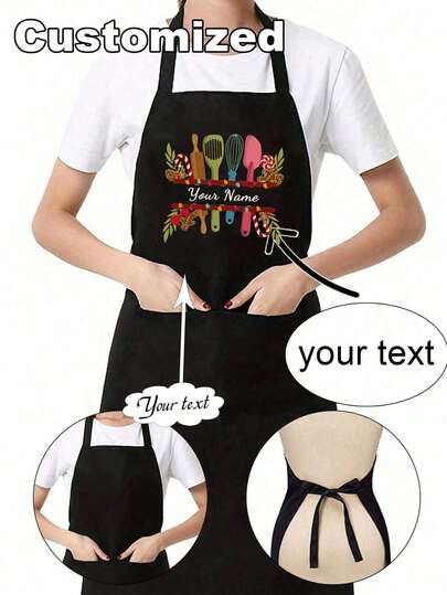 Customizable Waterproof And Oil-Resistant Apron, Minimalist Black With Pockets, Polyester Fabric Apron, Customizable Logo And Text, Chef Cooking Apron, Unique Gift For Valentine's Day, Father's Day, Mother's Day, Birthday, Anniversary, Suitable For Women, Chefs, Moms, Dads, Husbands, Girlfriends, Boyfriends, Wedding Gifts, Fashionable Household, Kitchen, Home, Work Uniform, Kitchen Supplies, Family Harmony