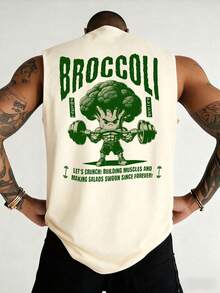 Men's Broccoli & Dumbbell Print Round Neck Casual Sleeveless Tank Top, Summer - Khaki - View 2