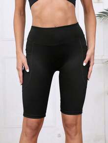 3Pcs/Set Black, Gray, Blue Yoga Shorts With Pockets, High Waist, Tummy Control, Compression Leggings, Bike Shorts, Stretchy & Comfortable Athletic Pants Spring/Summer - 黑色 - 查看 8