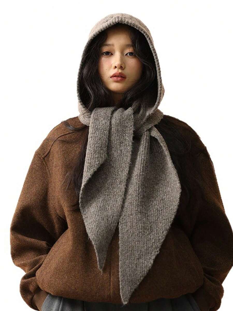 1件装女士休闲纯色麻花针织纹理保暖防风蓬松加厚连帽围巾围脖，适合约会、日常穿着、购物、旅行、搭配