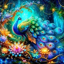 5D DIY钻石画套装，森林与彩孔雀图案，全圆钻亚克力马赛克工艺套装，适合初学者和成人，包含工具，无框家居装饰刺绣套装 - 彩色 - 查看 1