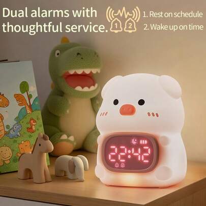 硅胶闹钟灯，睡眠训练器带夜灯，6种闹铃声数字闹钟，适合作为趣味礼物（小猪款）