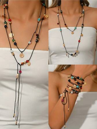 1件波西米亚风仿珍珠金链DIY手工流苏巴洛克仿珍珠吊坠项链，多风格百搭女士长项链，也可作手链、腰链、身体链佩戴