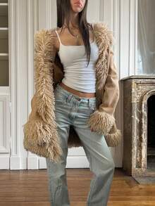 Áo khoác da lộn màu trơn phối tua rua, thích hợp cho mùa xuân và mùa thu. - Màu Khaki - Xem 5