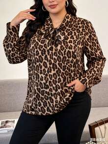 大码女士时尚优雅豹纹衬衫，蝴蝶结领长袖宽松衬衫，适合春、夏、秋季日常通勤和休闲穿着，面料柔软舒适，女士款。 - 豹紋 - 查看 2