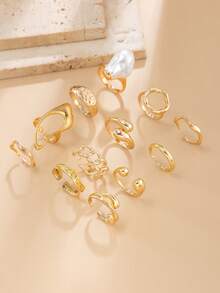 12pcs Vintage Gold Tone Open Rings Set, Creative Geometric Asymmetrical Lava Teardrop Rings, Exaggerated Hollow Design Rings, Baroque Asymmetric Pearl Decor Rings - Yellow Gold - View 5