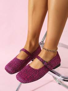 Exclusive Designer Women's Shiny Pink Mohair Leopard Print Mary Jane Flat Shoes | Fashionable Buckle Casual Square Toe Shoes - Hot Pink - View 4