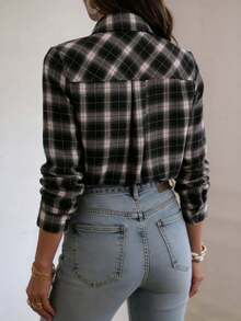 Women Plaid Button Up Long Sleeve Shirt Collar Blouse Casual Regular Fit Polyester Top - Black - View 3