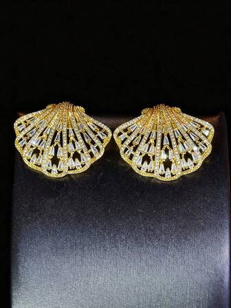 SEQUITO 1 par de pendientes de aro grandes con forma de concha para mujer, chapados en oro, con micro pavé y circonitas cúbicas AAA brillantes, como regalo de Año Nuevo