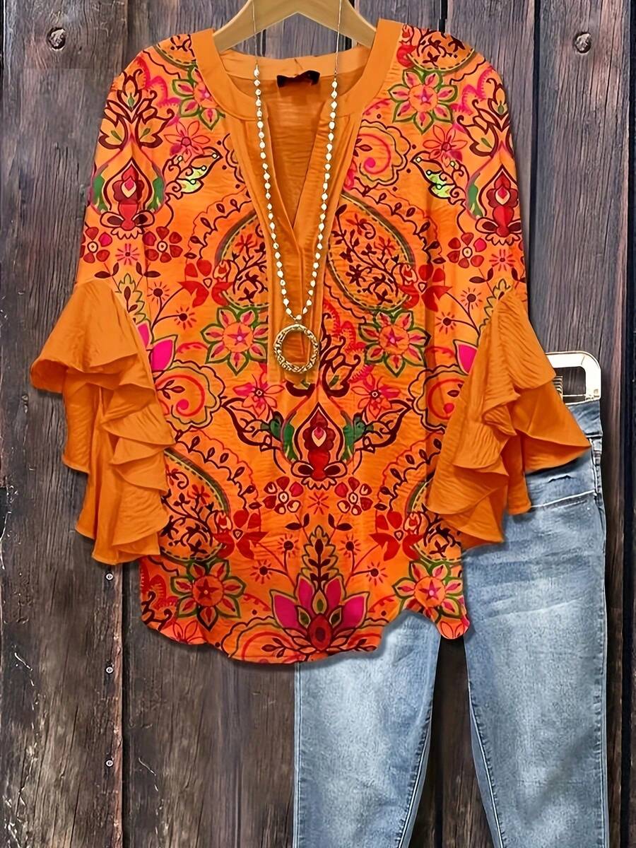 1 Women's Floral & Paisley Print Blouse - Button-Front Top With Three-Quarter Length Ruffle Sleeves, Non-See-Through Fabric Suitable For Daily And Easter Outdoor Activities Holidays - Spring/Summer Blouse , Women'S Clothing - Màu Cam cháy - Xem 1